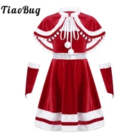 kids girls christmas costume santa cosplay outfit shiny sequin velvet cami dress with capelet cloak arm sleeves stage dancewear