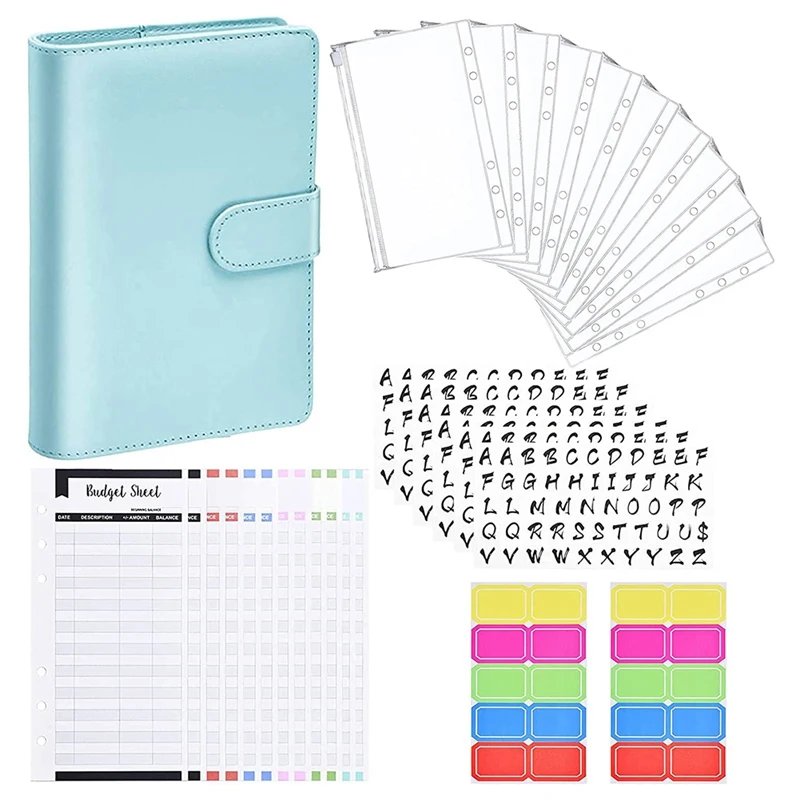 

A6 PU Budget Binder Planner with 10Pcs Binder Pockets Loose Leaf Bags 6 Ring Binder Cash Envelopes System for Budgeting