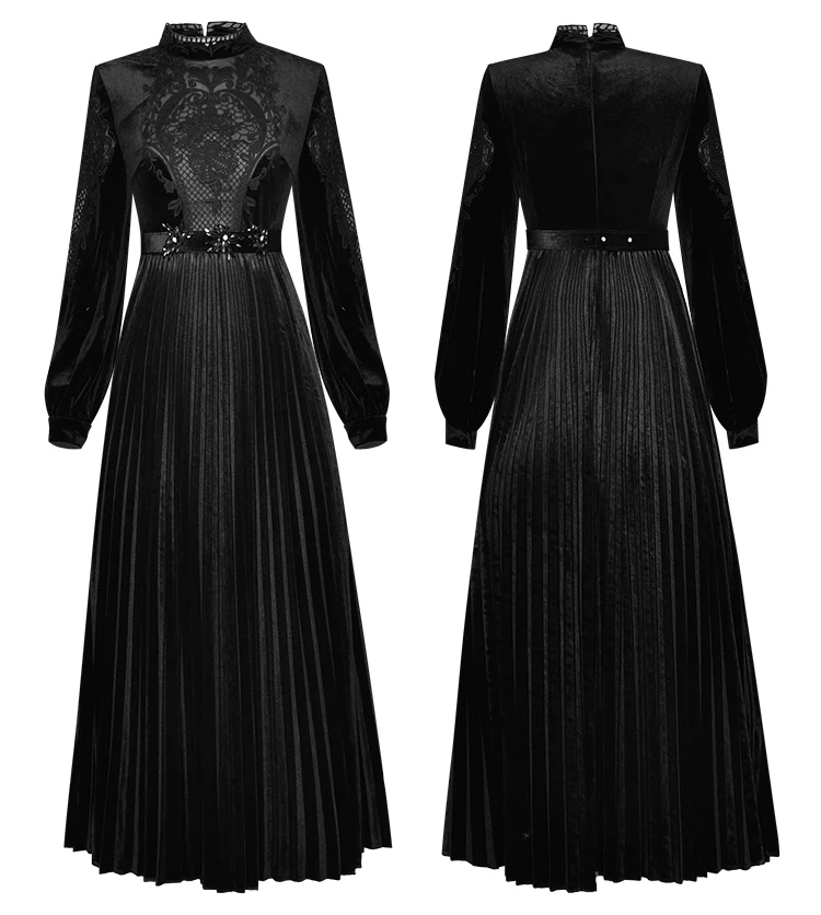 

Fashion 2021FW Luxury Women Long Lantern Sleeeve Sheer Embroidery Pleated Dress Ydy