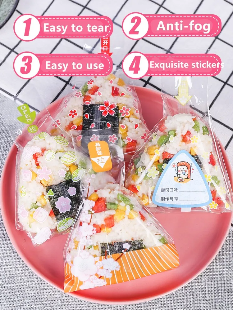 

Multicolor cartoon Triangle rice ball packing bag Anti-fog bag Easy tear packaging Send stickers bag 100pcse