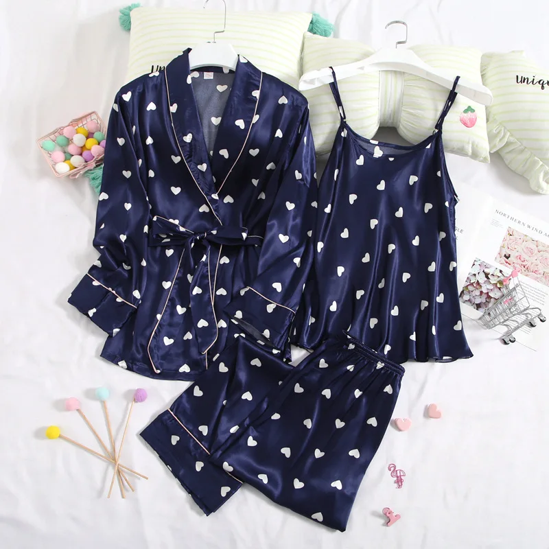 

Pink Print Dot Pajamas Suit Women Satin Intimate Lingerie Homewear Satin Sexy 3PCS Sleep Set Spring Autumn New Home Clothing