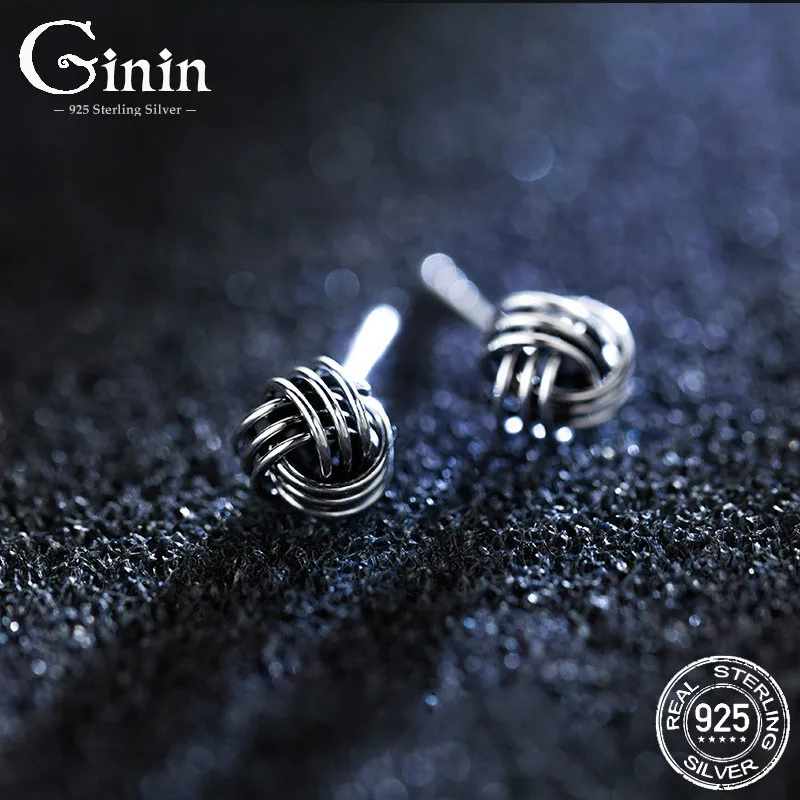

Ginin 925 Sterling Silver Vintage Thai Silver Knot Ethnic Style Wool Ball Stud Earrings for Women Small Elegant Gift Ear Jewelry