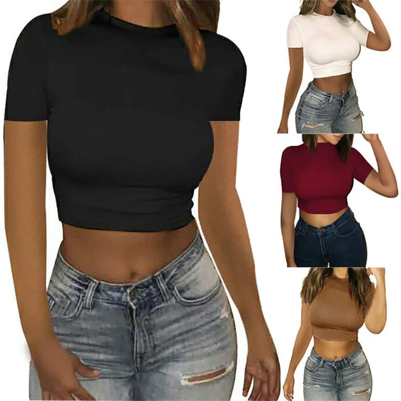 

Short Sleeve Crop Top T-Shirt Size S-2XL New Womens Vest Round Neck Stretch Ladies