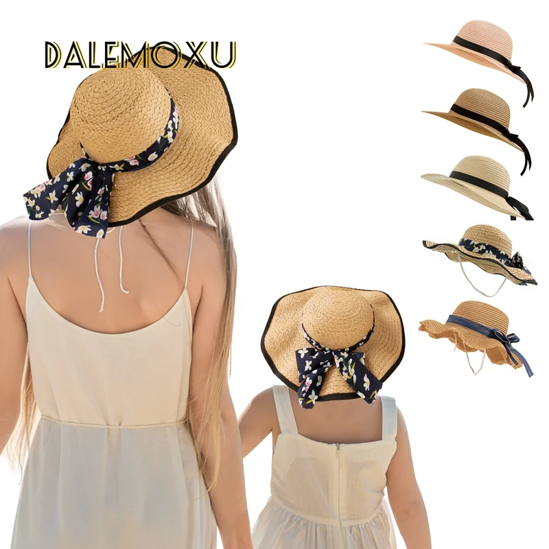 Parent-child Summer Hat Straw Sun Baby Girl Children Hats For Kids and Women Bowknot Ribbon Sunscreen Breathable Beach Caps 2pcs