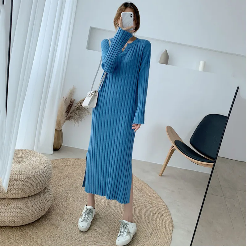 LANMREM 2020 осень и зима новый женский длинный свитер платье в длинном разрезе V-line