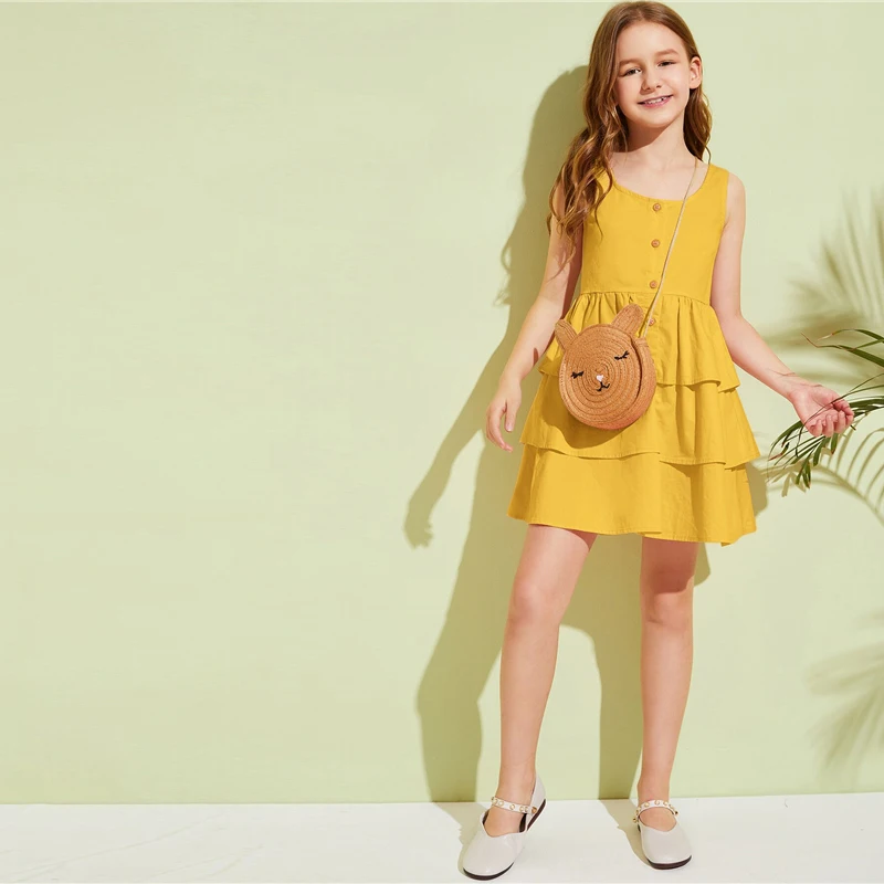SHEIN детское короткое платье для девочек-подростков с оборками и пуговицами спереди, летние многоуровневые платья для девочек