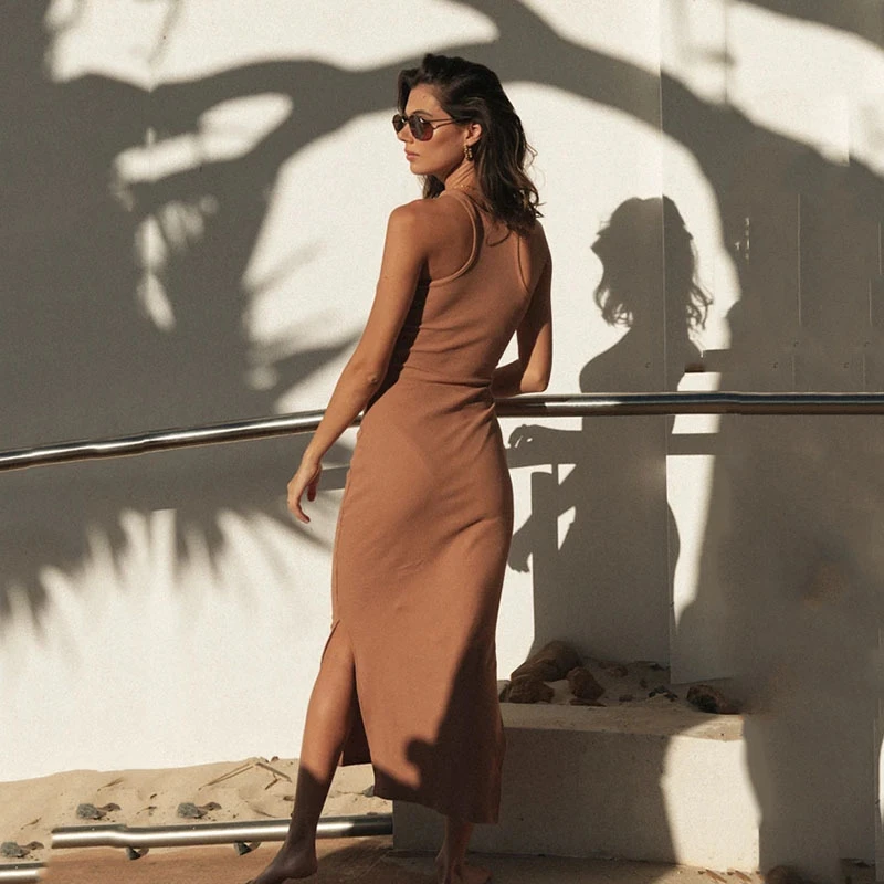

2021 Summer Women Sheath Tank Dress Sleeveless Package Hip Split Sexy Dresses Ladies Party Night Club Mid-Calf Dress