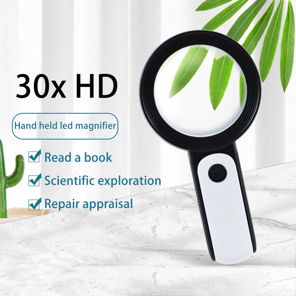 

Glass Lens Jewelry Magnifier Eyes Protective Lamps Reading Desk Lamp 30X LED Magnifying Glass Handheld Lighted Magnifier