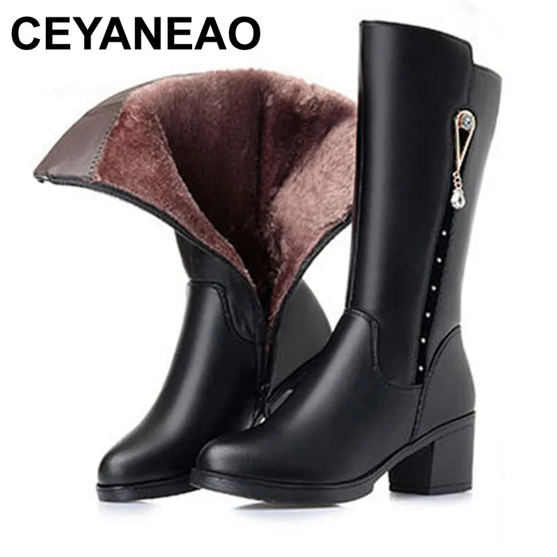 

CEYANEAOWomen's winter boots new genuine leather female boots plus size 43 warm high-heeled wool boots women trend Martin boots
