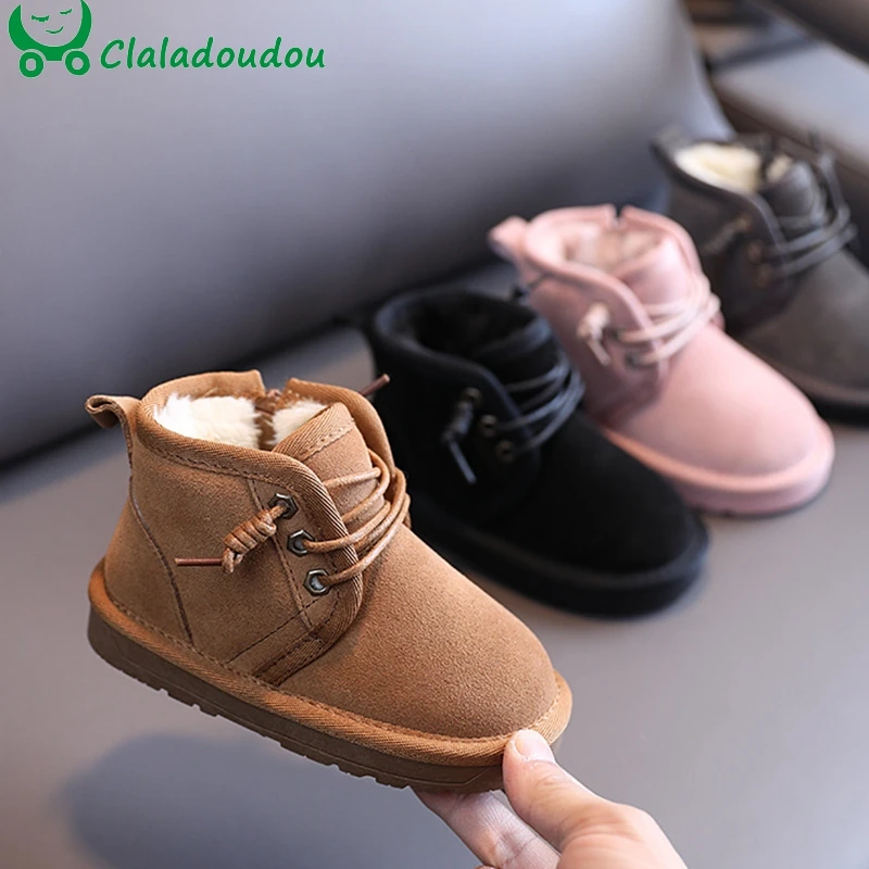 

Ботинки зимние из натуральной кожи для мальчиков и женщин, однотонные ботильоны на толстой плюшевой подкладке со шнуровкой, зимние ботинки ...