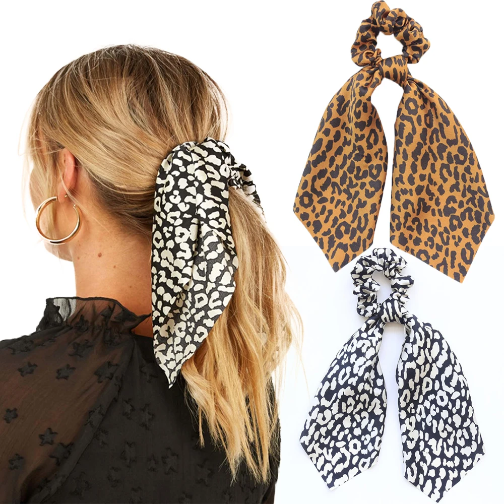 

Fashion Leopard Print Satin Hair Scrunchies Summer Ponytail Holder Elastic Srunchie For Women Girls Bows Hair Scarf Ties Ropes
