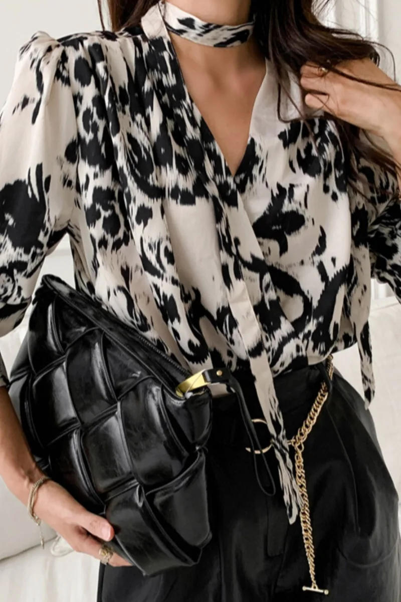 

Chic Lace Up Blouse Women's Spring 2021 New Haltar V-neck Single Breasted Leopard Print Loose Long Sleeve Shirt