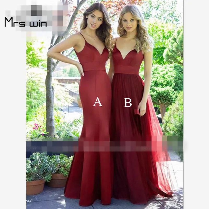 

Платье для подружки невесты Mrs win, Бордовое платье с V-образным вырезом на бретельках, свадебное вечернее платье для женщин, длинное платье-Ру...
