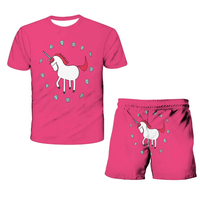 

Unicorn Children Sets Casual Boys 3D Sunglight Anime Funny Printed Kid T-shirt Sets Kawaii Summer Short Sleeve T-shirt + Shorts