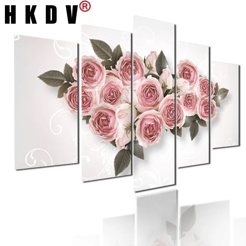 

HKDV 5Panels Canvas Painting Blooming Pink Flowers Wall Posters Can Be Customized Printable Unframe Style Home Decorative