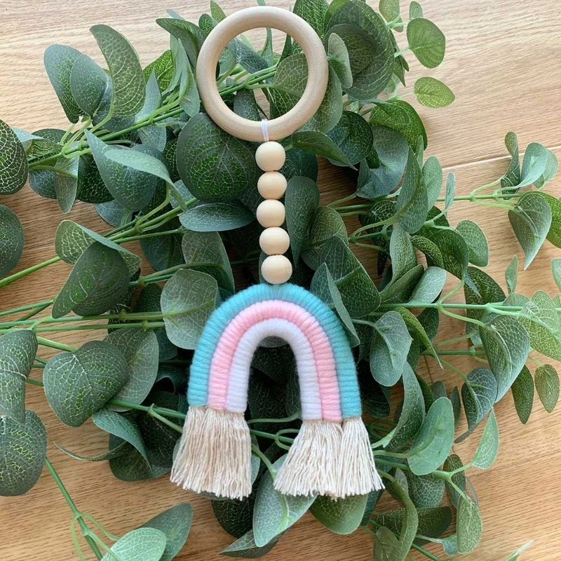

Baby Teething Ring Rainbow Tassel Wooden Beads Nursing Teether Play Gym Pendant 203E