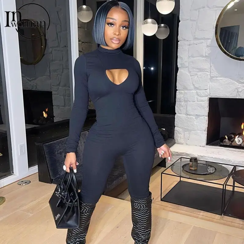 

Inwoman Fall Winter O Neck Black Jumpsuit Hollow Out Sexy One Piece Club Outfits For Women 2021 Long Sleeve Bodycon Jumpsuit