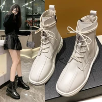 2021 leather ankle boots chelsea boots punk style warm and cotton womens round thick lace up winter womens platform shoes