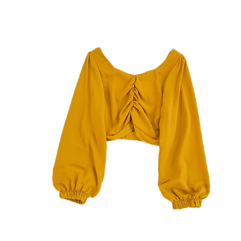 

v-neck lantern sleeved women blouse solid slash neck loose short lady elegant shirts outwear coat tops