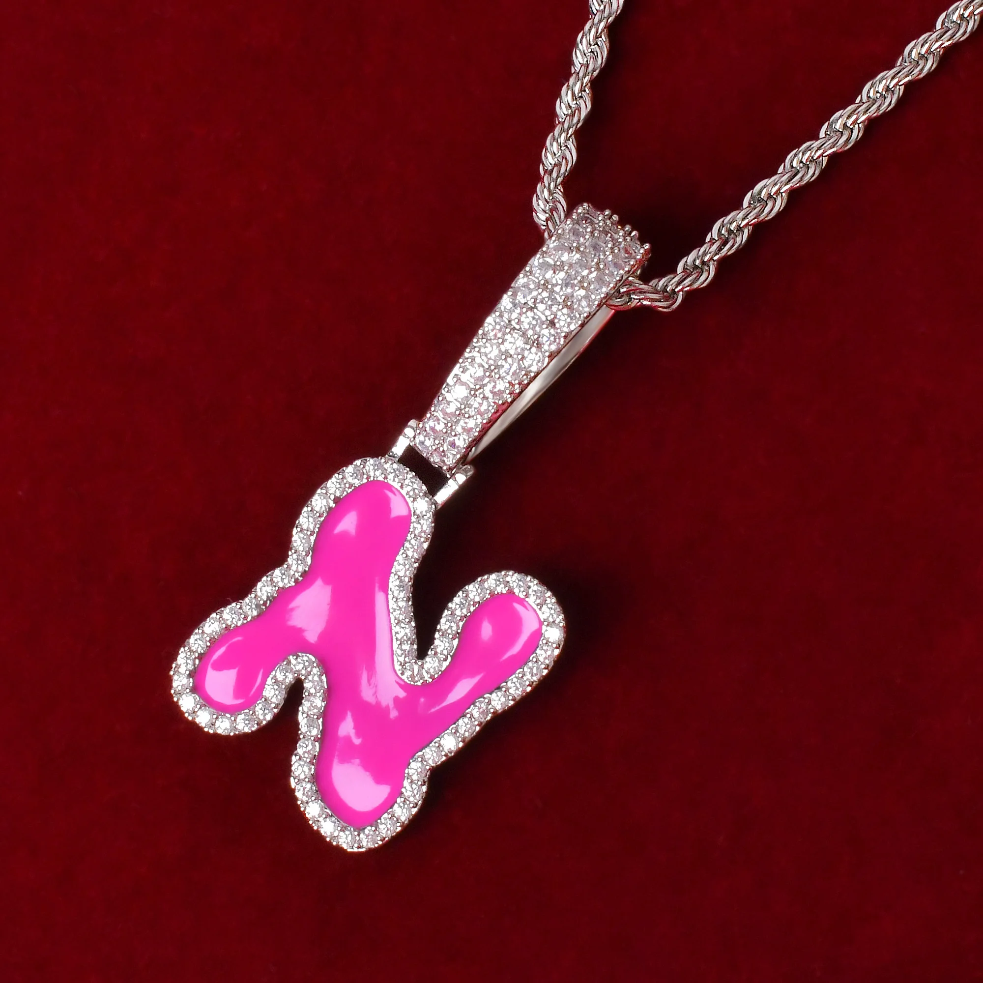 

Initial Solid Back Pink Oil Bubble Letters Pendant Necklaces For Women Gold Color Cubic Zircon Hip Hop Rock Street Jewelry