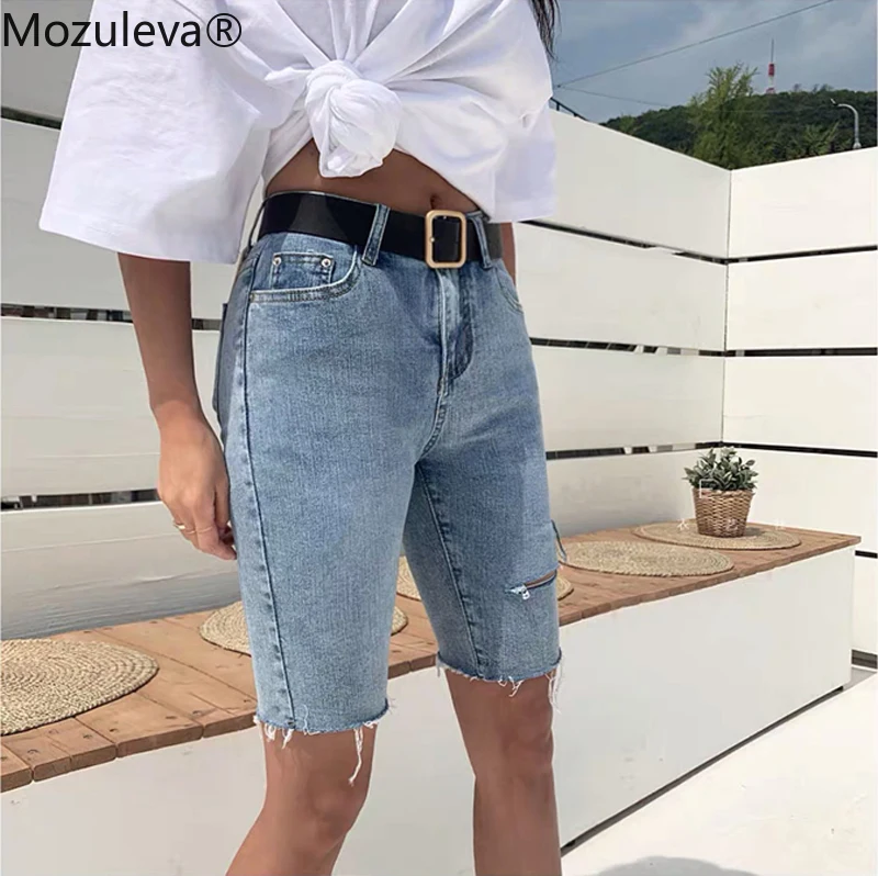 

Mozuleva Casual Stretch High Waist Blue Destroy Ripped Denim Shorts 2022 Summer Women Pockets Tassel Midi Shorts Jeans for Women