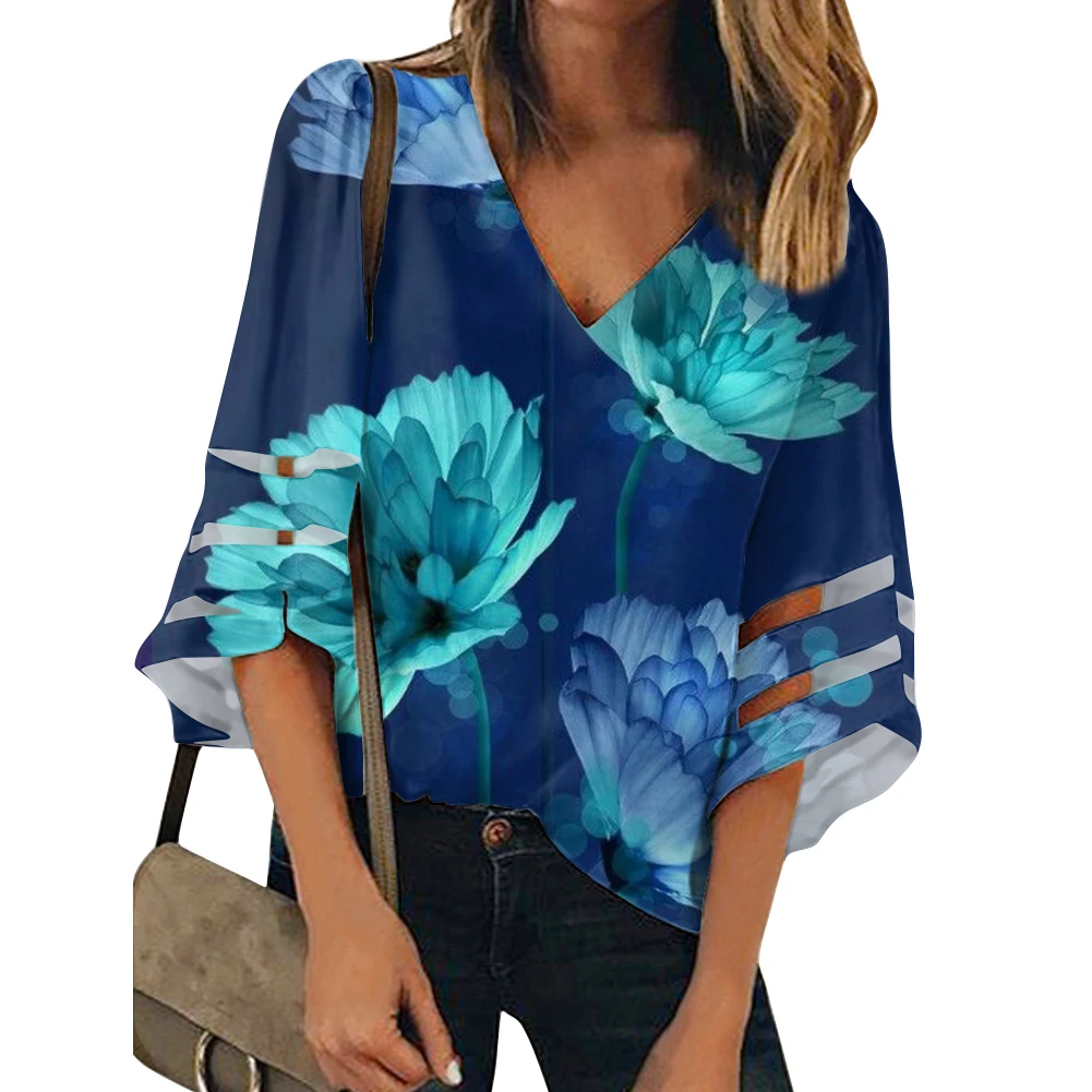

Polynesian Tribal Floral Design For Women's Summer Breathable Fashion V-neck 3/4 Bat Sleeves Chiffon Sexy Top