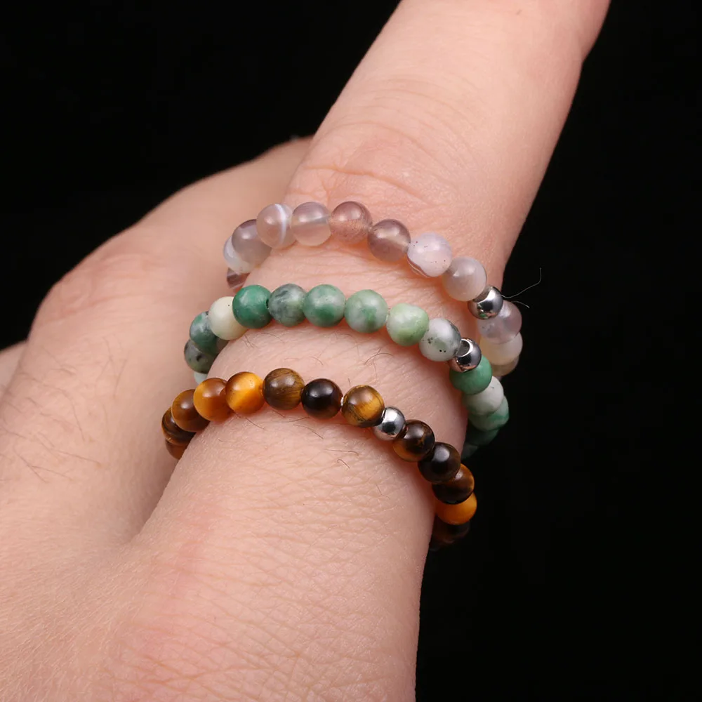 

Natural Stone Agates Beads Rings 3mm Crystal Round Strand Finger Ring Handmade Creative Rings For Women Men Party Jewelry 1pc