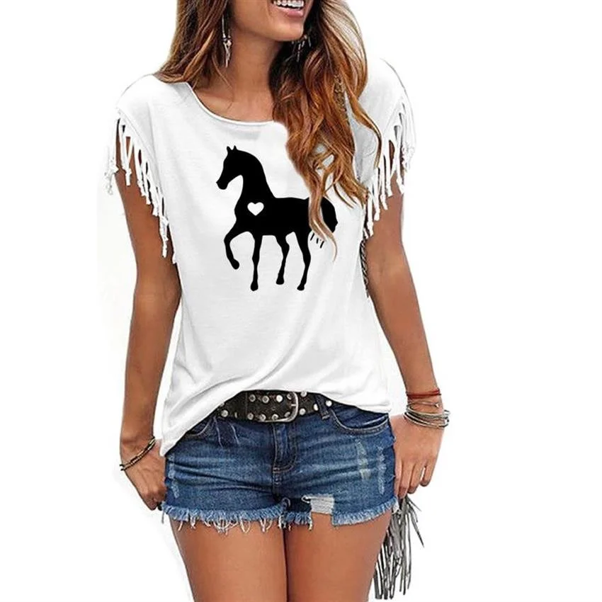 

Summer Fashion Women Loose Tees Funny Horse Heart Graphic Print Tassel Short Sleeve T-Shirt For Women O-neck Plus Size T-shirt