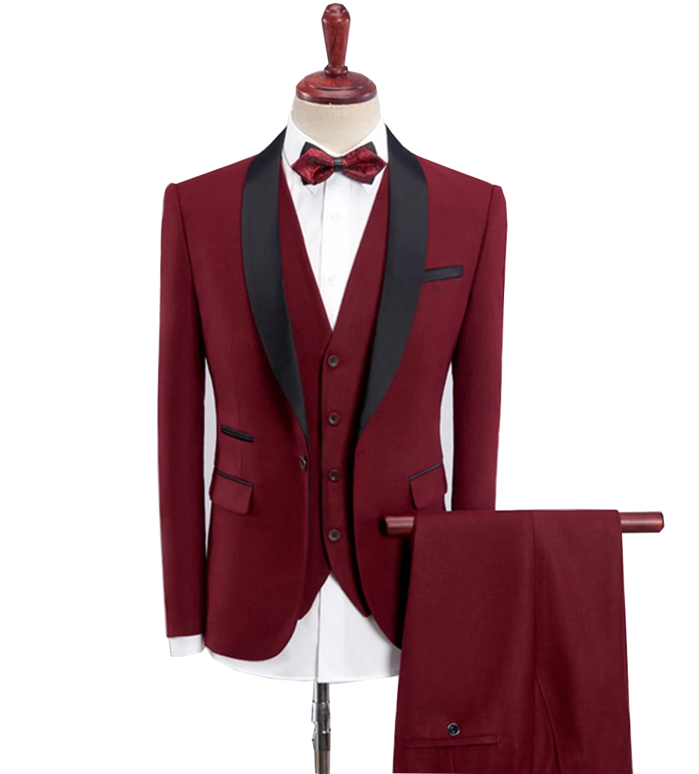 3 Piece Formal Burgundy Men's Suit Regular Wool Tweed Prom Tuxedos  Classic Evening Suit for Wedding Grooms (Blazer+Vest+Pants)