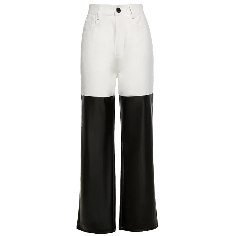 

European and American New Women's High-waist Slim-fitting Straight PU Leather Stitching Street Fashion Casual Trousers
