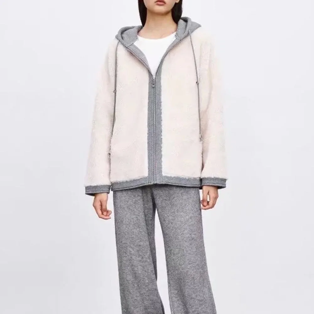 

Женская плюшевая куртка с капюшоном, двухцветная винтажная куртка на молнии с длинным рукавом, шикарная верхняя одежда, осень-зима 2021