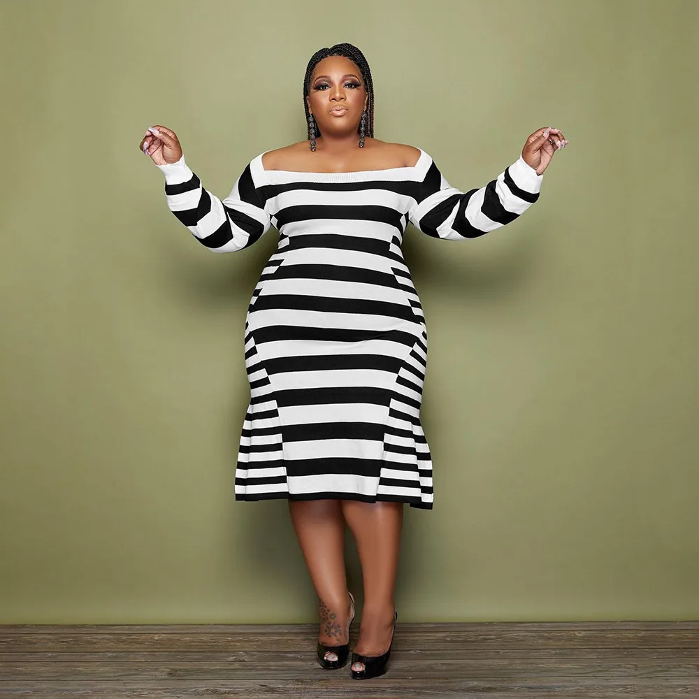 

Fashion Casual Womens New Dress 2021 Autumn Winter Stripe Printing One Word Collar Long Sleeve Western Style African Long Dress