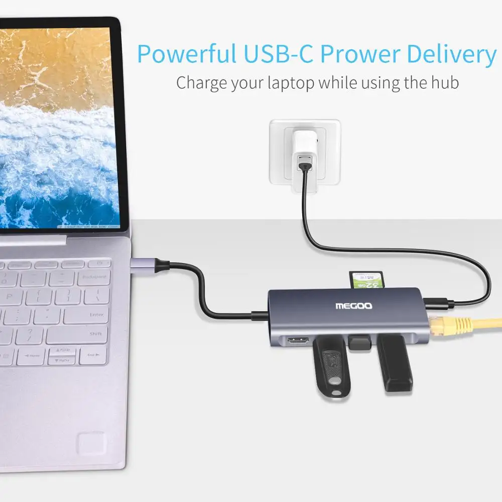 Док станция Megoo 8 в 1 USB C для ноутбука док типа VGA/HDMI/Ethernet/USB3.0/PD зарядки Surface Go/Mac