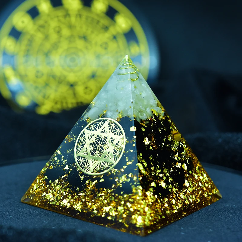 

REIKI Orgonite Pyramid Ajna Chakra Raziel Natural White Crystal Obsidian Expel Evil Forces Resin Pyramid Crafts Jewelry