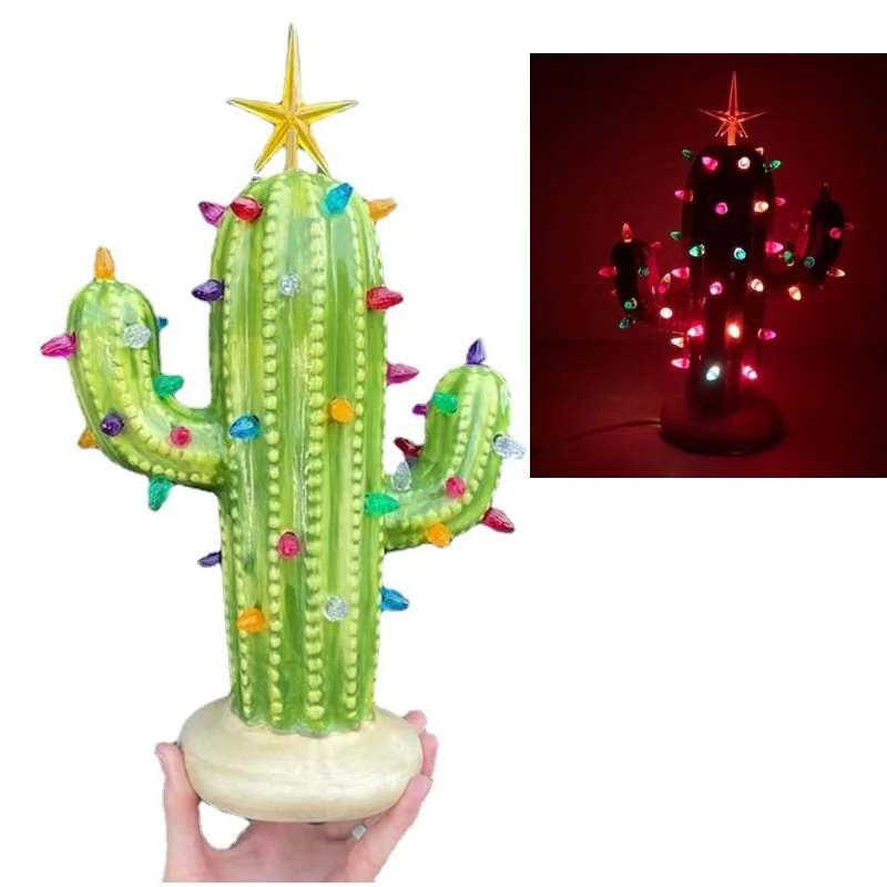 

Винтажный Рождественский кактус с подсветкой, украшение для гостиной, настольная декоративная статуя, подарок для детской комнаты, светово...