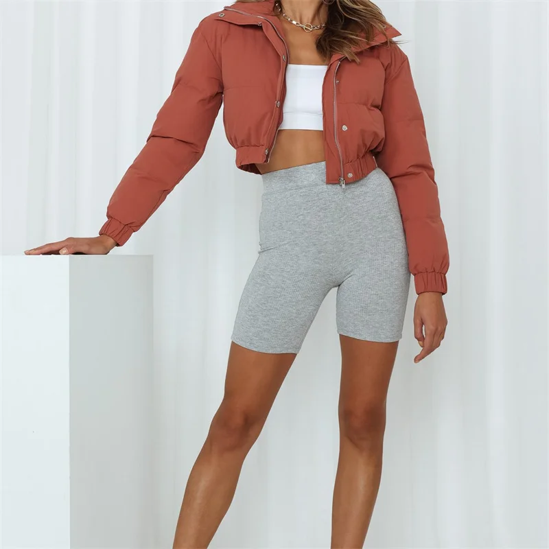 

MESTTRAF Women 2021 Fashion Warm Hem Elastic Short Jacket Retro Long Sleeve Stand Collar Thicken Outerwear Streetwear