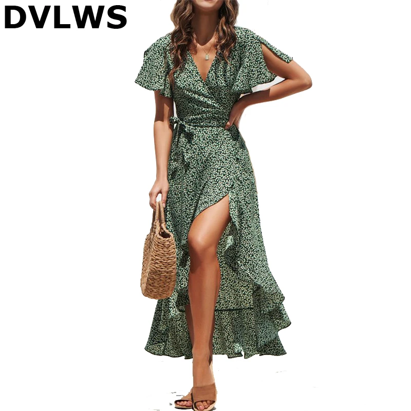 Женское асимметричное шифоновое длинное платье с v-образным вырезом и цветочным