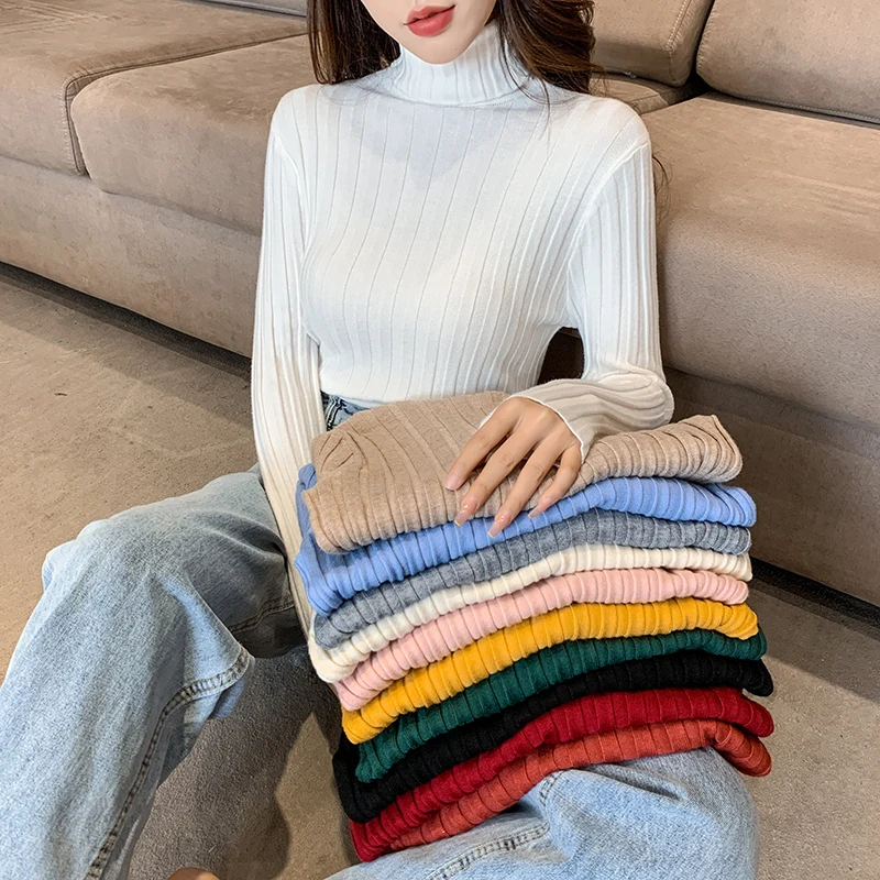 

2021 Fashion Women Knitted Cotton Sweater Long Sleeve Solid Ladies Tops High Neck Woman Clothing Basic Female Sweaters Pullover