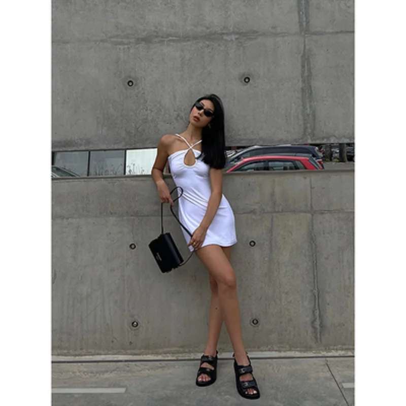 

Summer women's strapless sling hanging neck strapless sexy and sweet pure color backpack hip waist tight bar y2k key short skirt