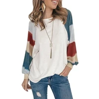 women casual loose long sleeve tee patchwork o neck watercolor balloon sleeve puff sleeve tops 2021 fashion white t shirt female