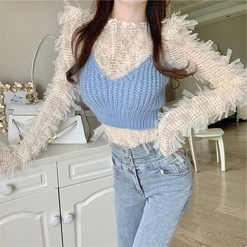 

Korean Fashion Chic Style Club Party Short Tops Women Autumn 2021 Knitted Vest Strap Tassel Bottoming T-Shirt Beige Lace Tshirts