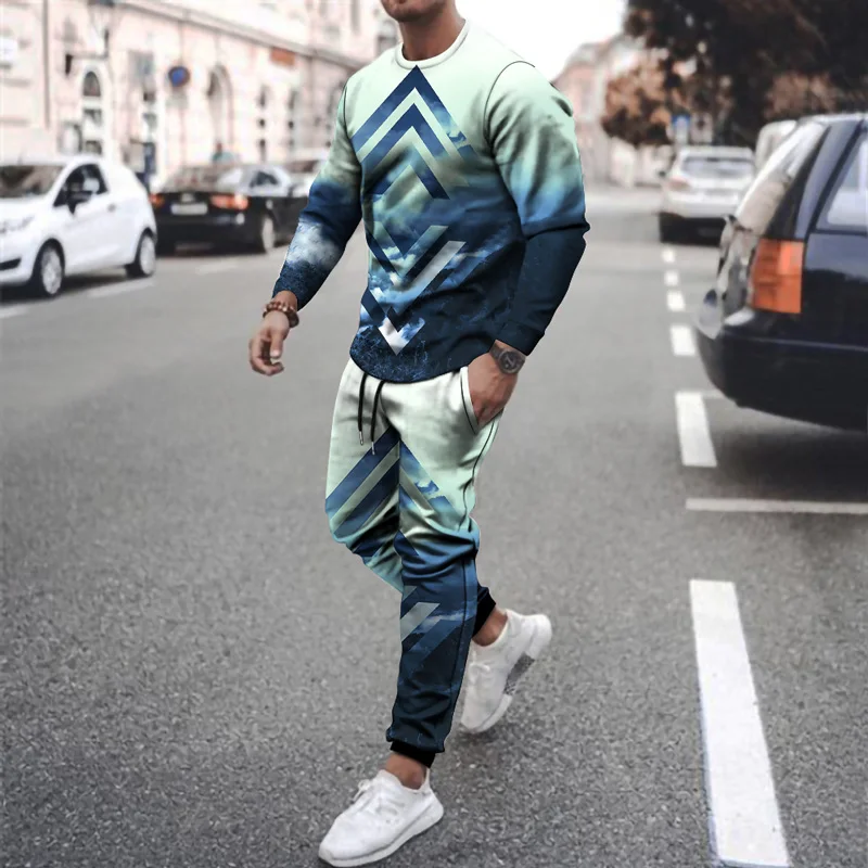 

American flag pattern 3D printing men's suit autumn fashion new men's casual round neck long-sleeved trousers two-piece suit