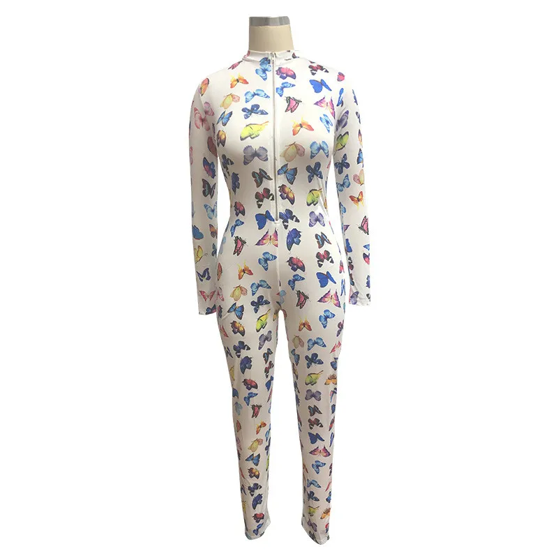 

2021 fashion Multi colors Bodycon jumpsuit women Casual Print Zipper long Sleeve Jumpsuits Romper Skinny streetwear sportwear
