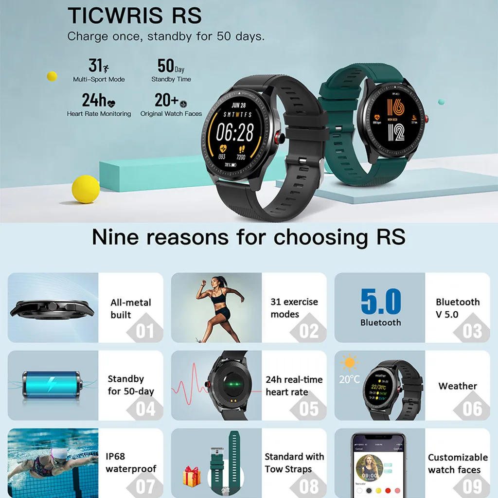 Умные часы TICWRIS-RS ультратонкие 1 3 дюйма 9 мм 50 дней в режиме ожидания 31 спортивный