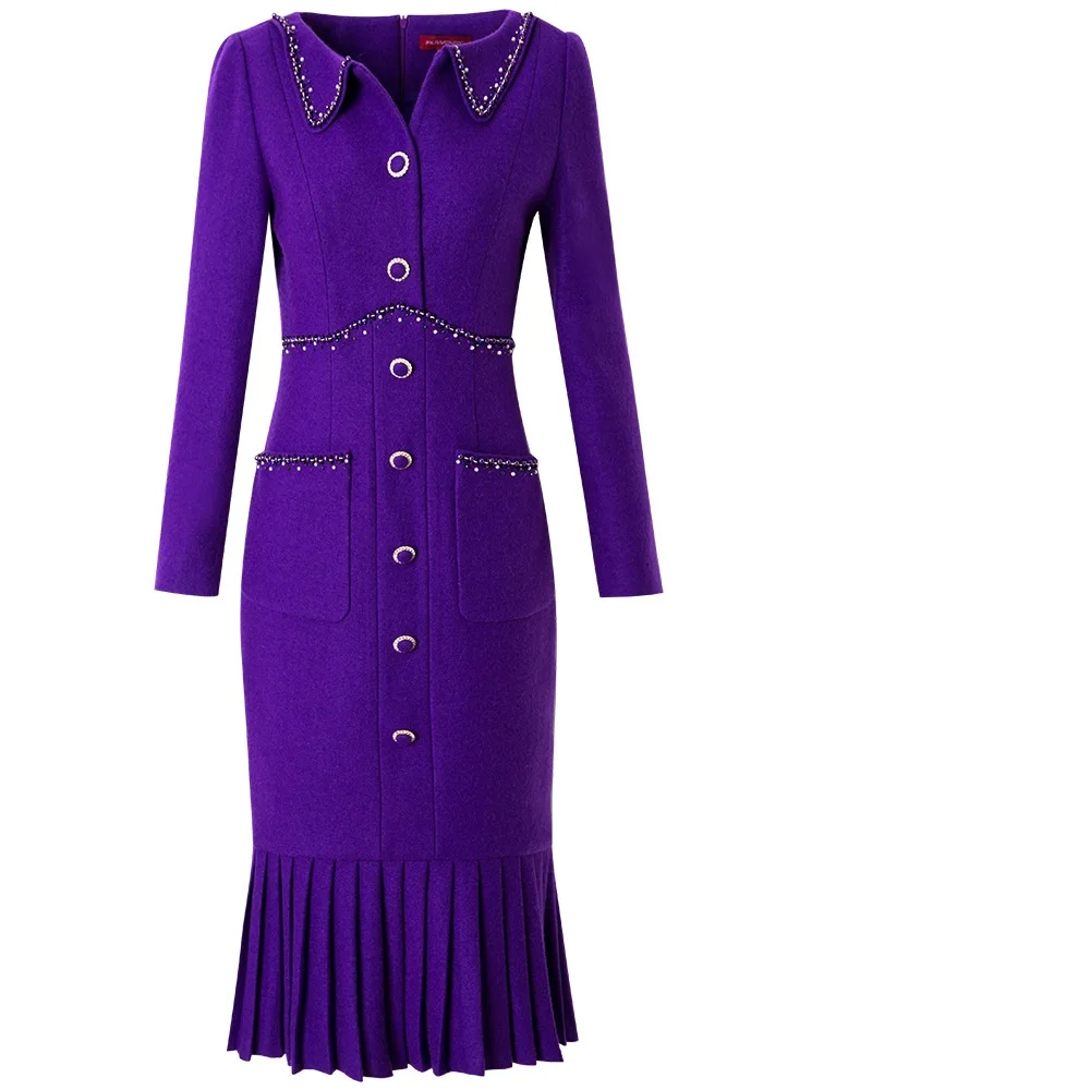 

spring NEW Runway 2021 Solid Vintage Nail bead dress Warm wool dresses autumn Women winter Full sleeve The wrinkle Party Dress