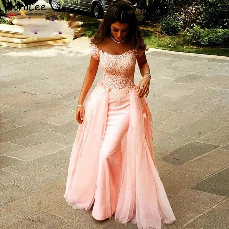 

Lace Evening Dresses Off The Shoulder Floor Length Satin Pleated Mermaid Evening Dresses Lace Applique Event Dresses With Sash
