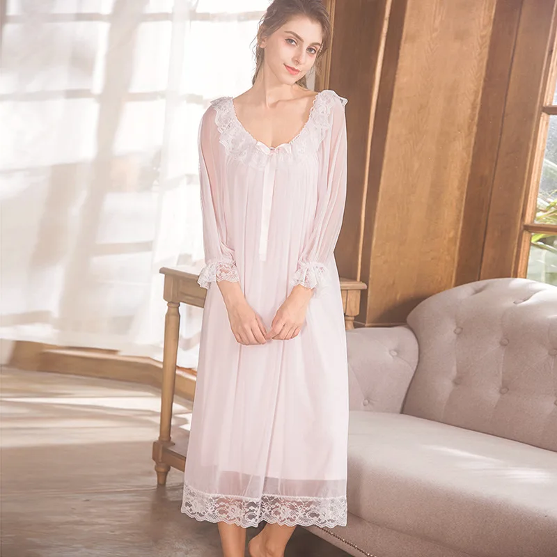 Элегантный белый розовый Sleepdress осеннее кружевное платье, одежда для сна, Фонари с галстуком-бабочкой, одежда для сна с длинными рукавами, ночная рубашка из хлопка, пижама, пеньюар