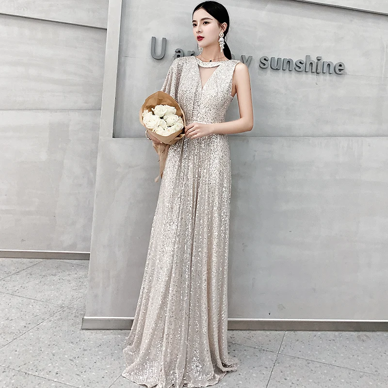 

Silver Sequined Evening Dress 2020 Luxury Mesh V-neck Birthday Party Dress Robe De Soiree Longue Mariage Long Mermaid Gowns