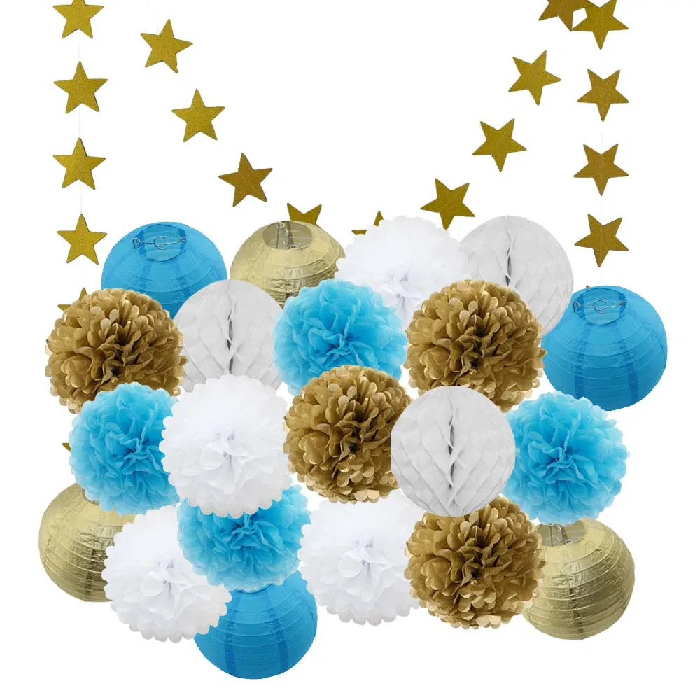 Gold Blue Set-1 Лидер продаж 22 шт./компл. золото/черный/белая Круглая Бумажная Фонари Выпускной 50th День рождения одолжение рождественское год висит Изделия из бумаги - Color: Gold Blue Set-1