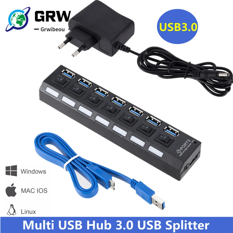 USB 3,0 концентратор usb-хаб 3,0 Мульти USB разветвитель 3 место обитания Применение Мощность Адаптер 7 Порты и разъёмы несколько расширитель 3,0 USB3 концентратор с переключателем для ПК - изображение